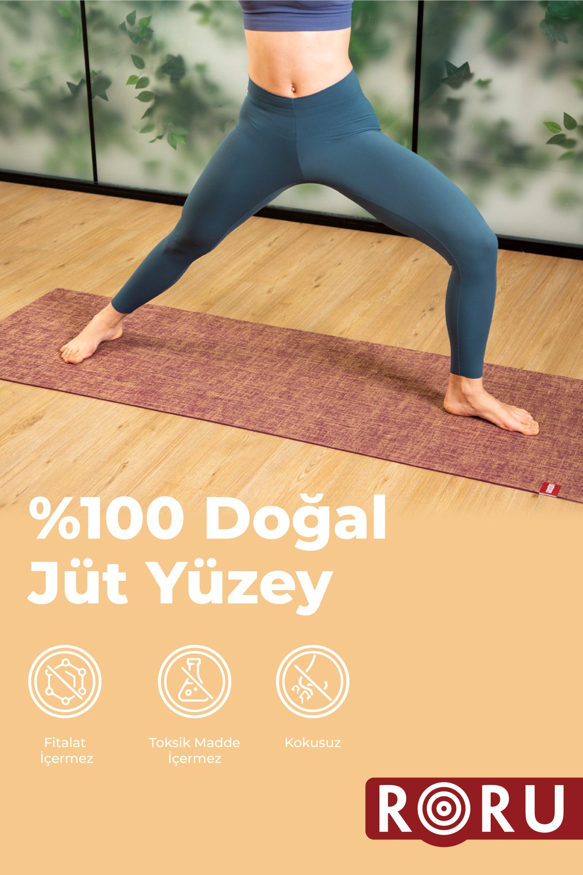 Roru Concept Doğal Jüt Yoga Egzersiz Matı 173 x 61 cm 5 mm Kuru, Az - Orta Terleyen Eller İçin, Bej