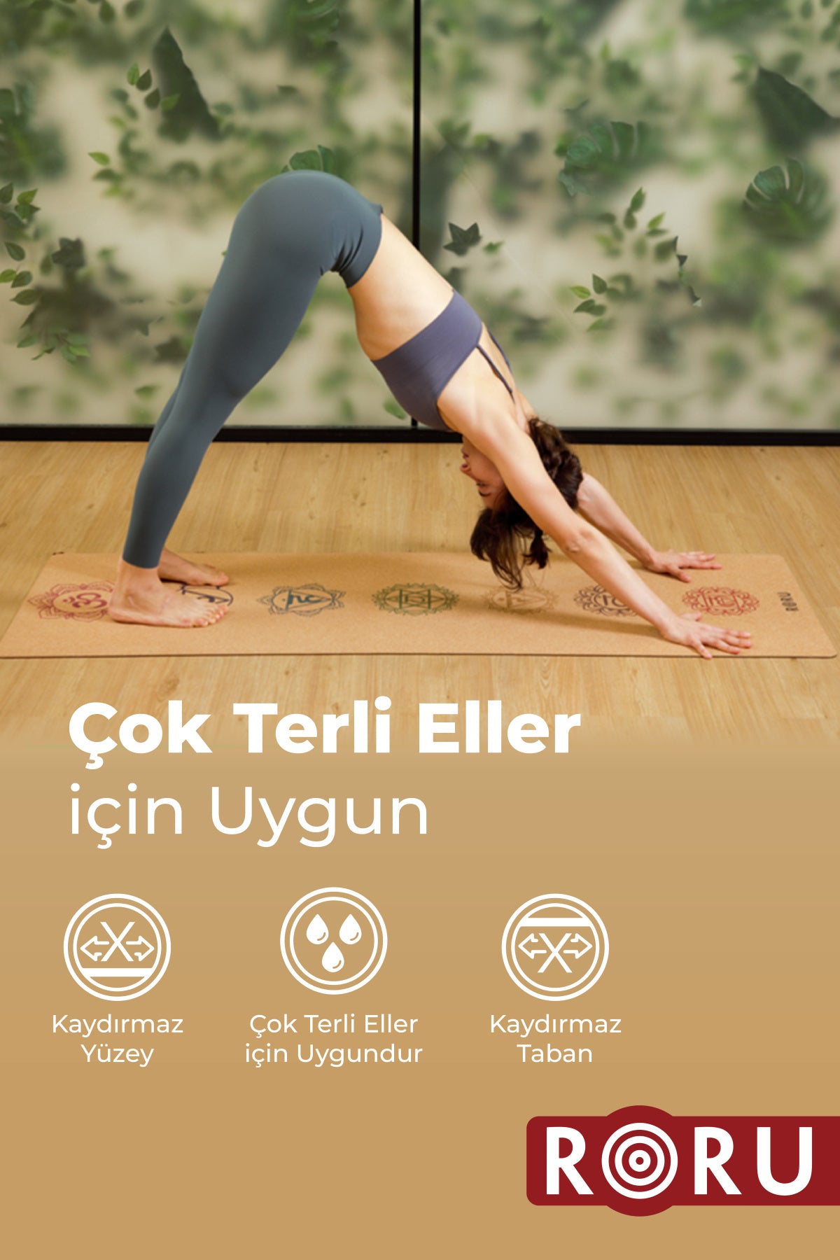 Roru Concept Cork Doğal Mantar Kauçuk Kaydırmaz Yoga Egzersiz Matı 173 x 61 cm 3 mm Nemli Eller İçin