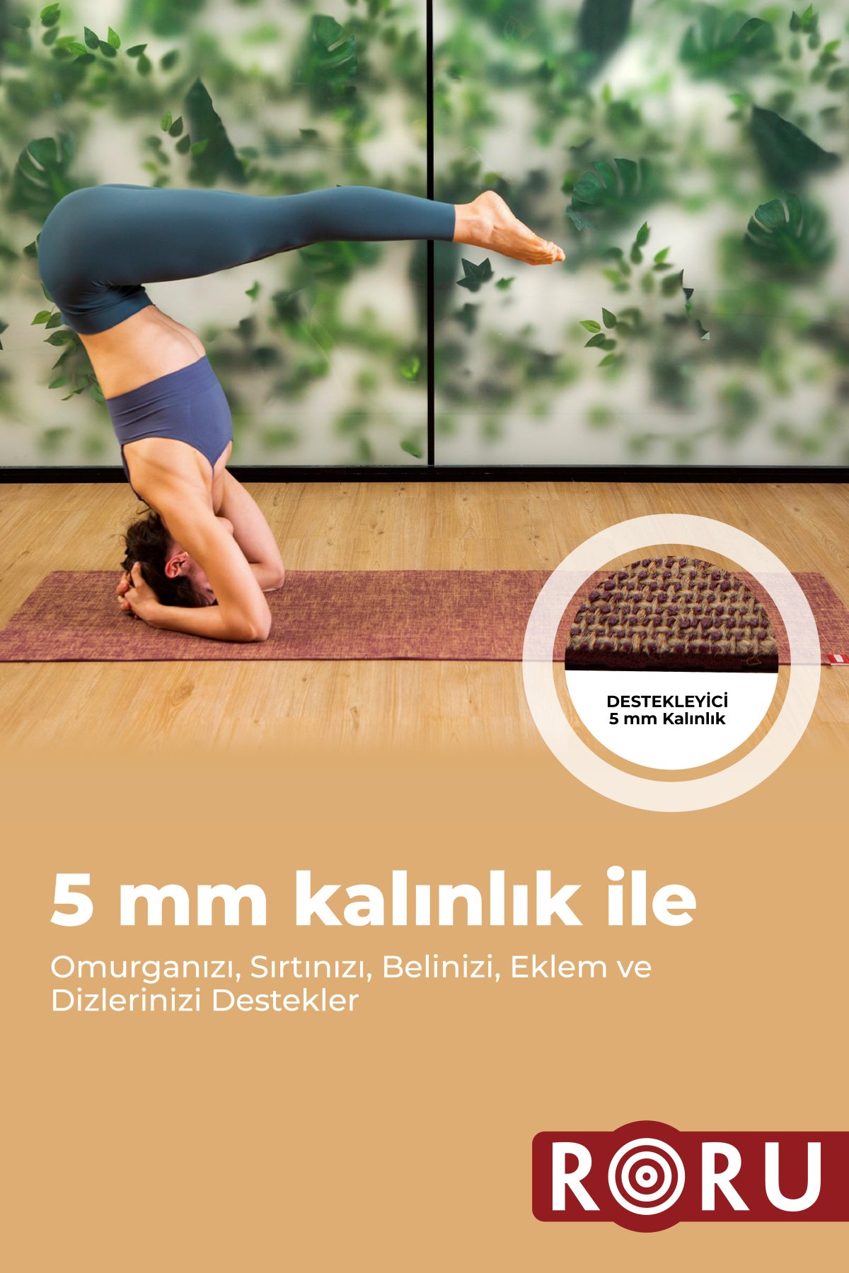 Roru Concept Doğal Jüt Yoga Egzersiz Matı 173 x 61 cm 5 mm Kuru, Az - Orta Terleyen Eller İçin, Turkuaz