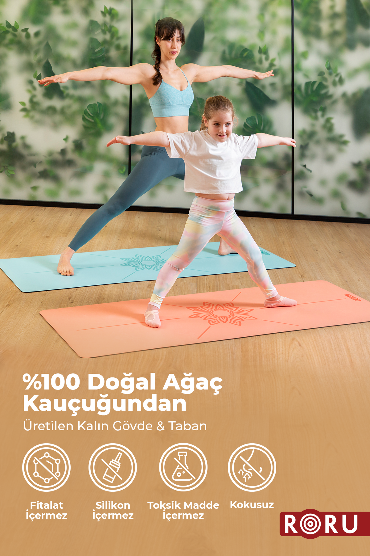 Roru Concept Sun Kaydırmaz Yoga Egzersiz Matı 183 x 68 cm 5 mm Kuru - Nemli Eller İçin, Doğal Kauçuk, Mercan